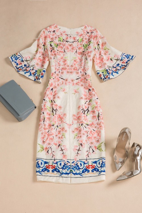 Summer-Style-Designer-Runway-Dress-Women39s-Flare-Sleeve-Slim-Printed-Jacquard-Appliques-Sheath-Dres-32688534150