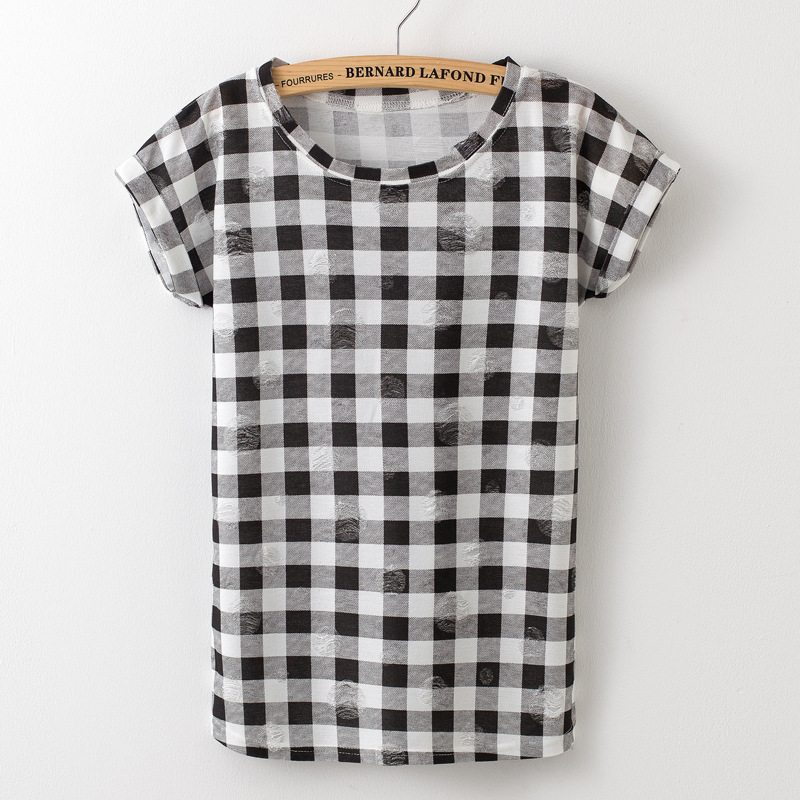 Summer-Women-Lattice-printing-T-shirts-O--neck-Strapless-Shirts-Off-Shoulder-Short-sleeved-T-shirt-L-32793716824