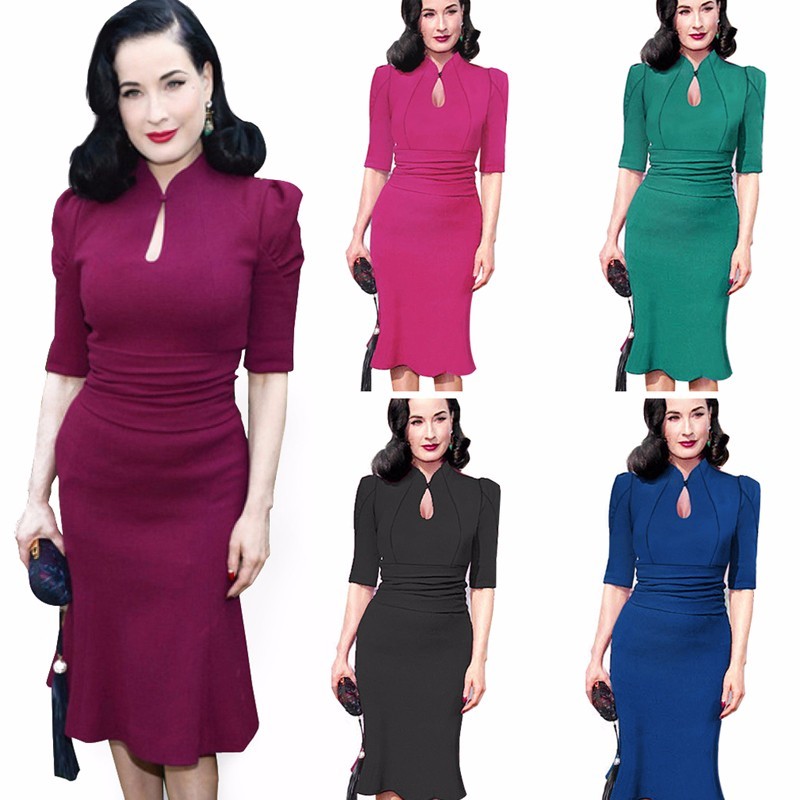 T39O-Winter-Autumn-Elegant-Dress-Work-Charming-Women-Keyhole-Half-sleeve-office-Stand-collar-Mermaid-32701261330