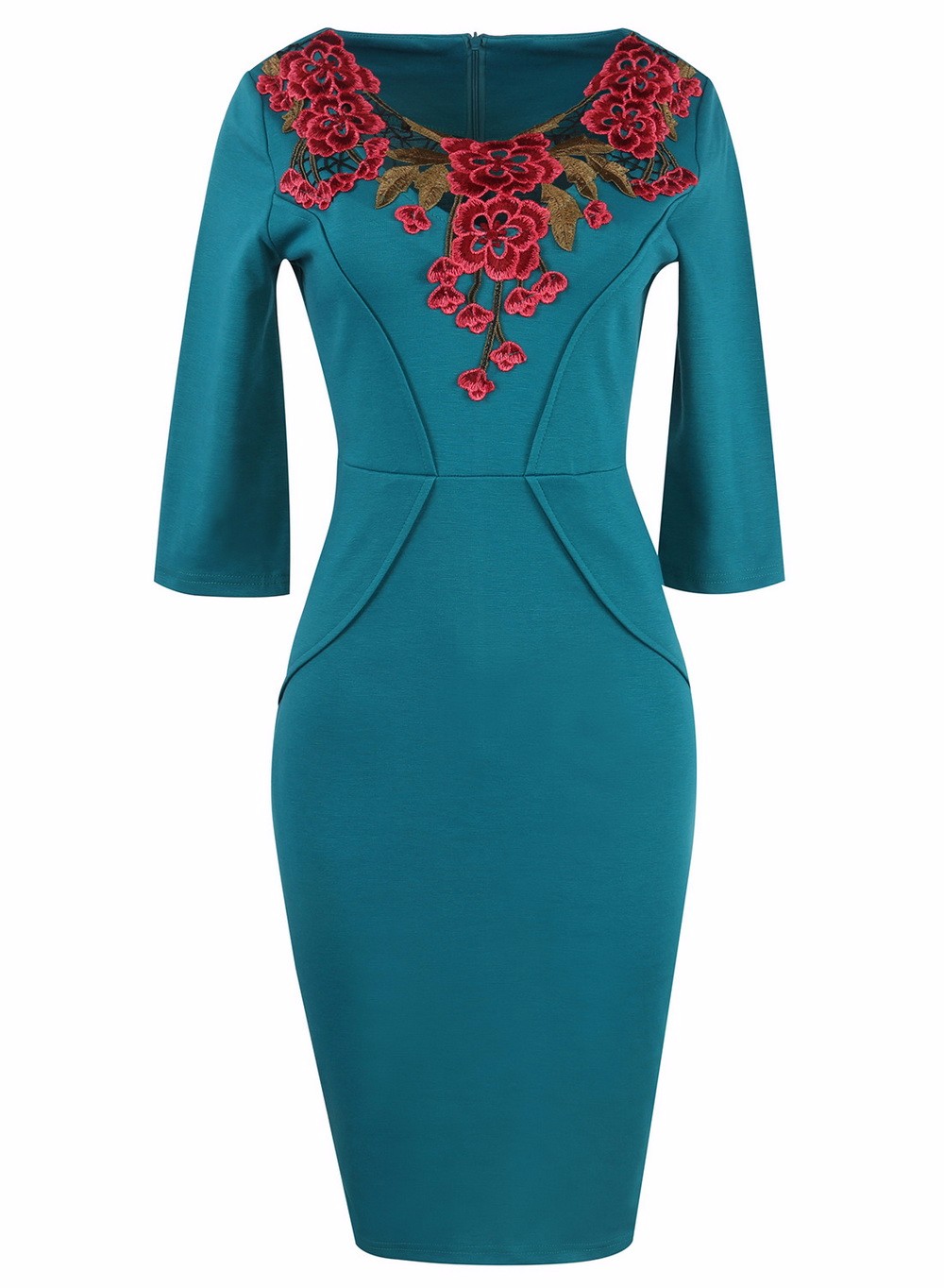 T39O-Womens-34-Sleeve-Elegant-Applique-Crochet-embroidery-V-neck-Party-Work-Office-Bodycon-Sheath-Pe-32765647955