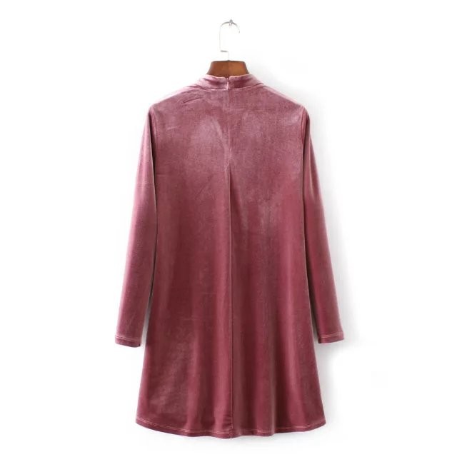 Tangada-Fashion-Women-Elegant-Pink-Velvet-Dress-Sexy-Front-Hollow-Out-Zipper-Stand-Collar-Female-Cas-32766485574