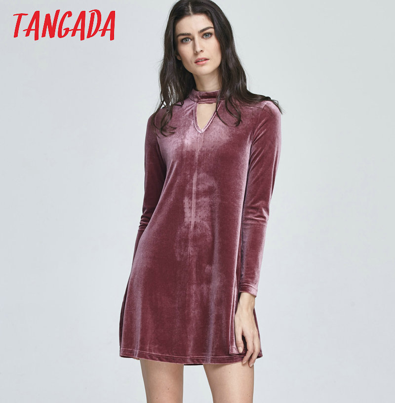 Tangada-Fashion-Women-Elegant-Pink-Velvet-Dress-Sexy-Front-Hollow-Out-Zipper-Stand-Collar-Female-Cas-32766485574