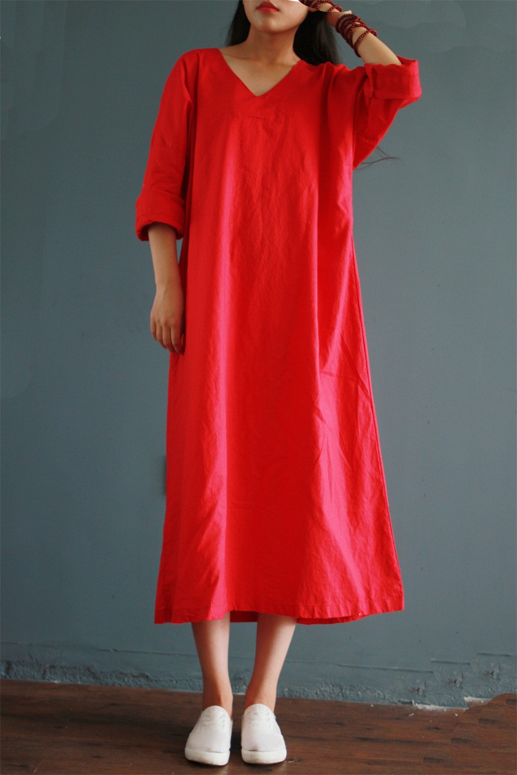 V-collar-cotton-linen-long-gown-New-2016-autumn-half-sleeve-loose-waist-casual-dresses-for-female-Vi-32707808807