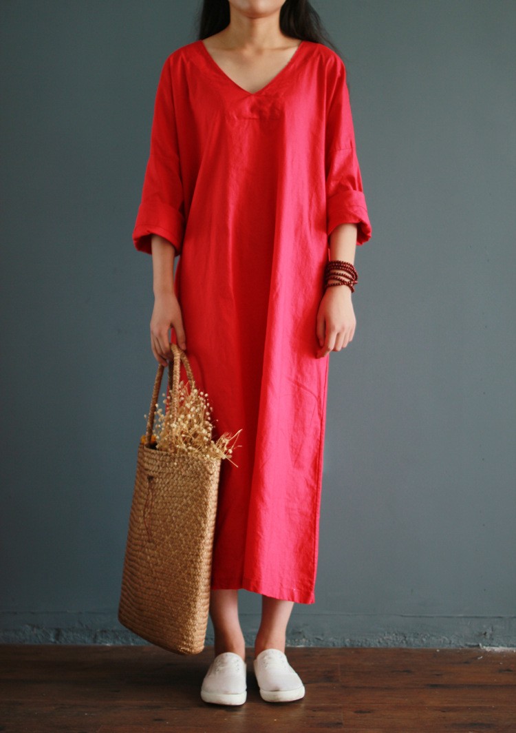 V-collar-cotton-linen-long-gown-New-2016-autumn-half-sleeve-loose-waist-casual-dresses-for-female-Vi-32707808807