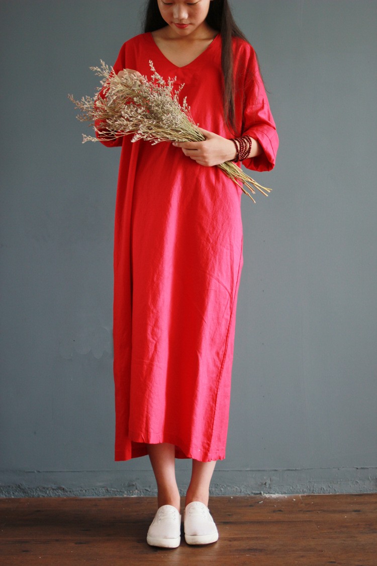 V-collar-cotton-linen-long-gown-New-2016-autumn-half-sleeve-loose-waist-casual-dresses-for-female-Vi-32707808807