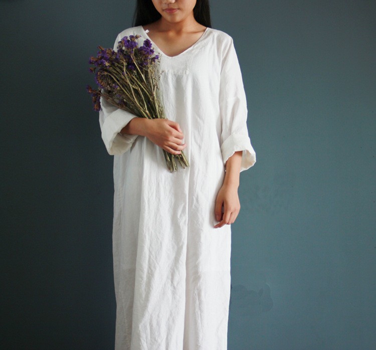 V-collar-cotton-linen-long-gown-New-2016-autumn-half-sleeve-loose-waist-casual-dresses-for-female-Vi-32707808807