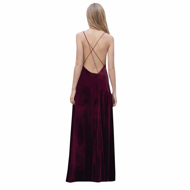 Velour-Vintage-Velvet-Wine-Red-Empire-Spaghetti-Strap-Draped-V-Neck-Women-Pleuche-Sleeveless-Ankle-L-32774284909