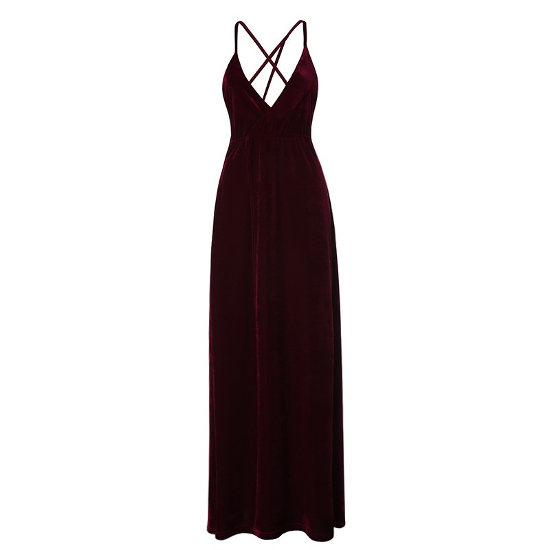 Velour-Vintage-Velvet-Wine-Red-Empire-Spaghetti-Strap-Draped-V-Neck-Women-Pleuche-Sleeveless-Ankle-L-32774284909