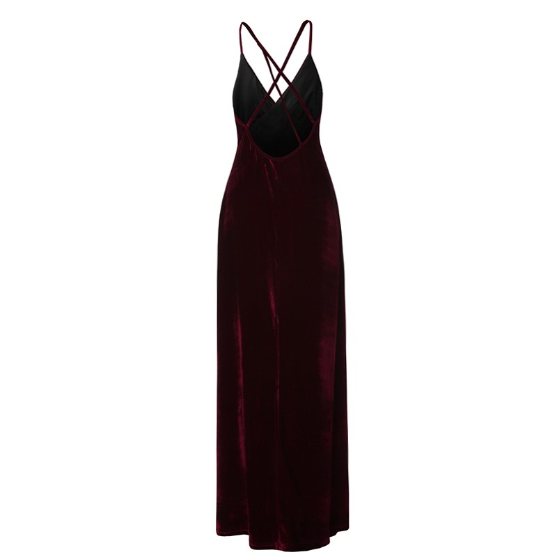 Velour-Vintage-Velvet-Wine-Red-Empire-Spaghetti-Strap-Draped-V-Neck-Women-Pleuche-Sleeveless-Ankle-L-32774284909