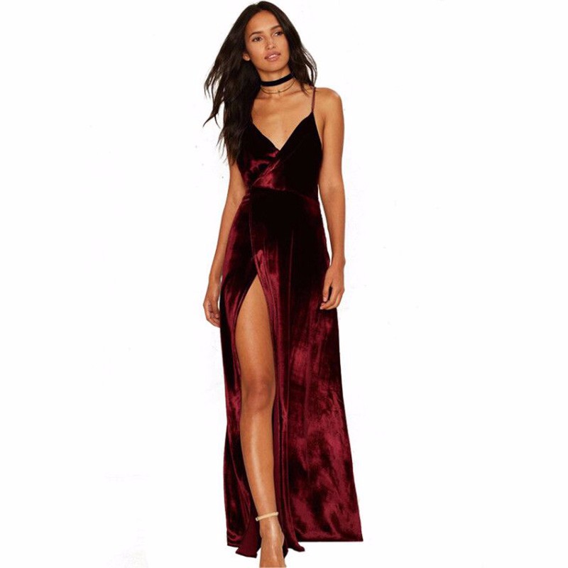 Velour-Vintage-Velvet-Wine-Red-Empire-Spaghetti-Strap-Draped-V-Neck-Women-Pleuche-Sleeveless-Ankle-L-32774284909