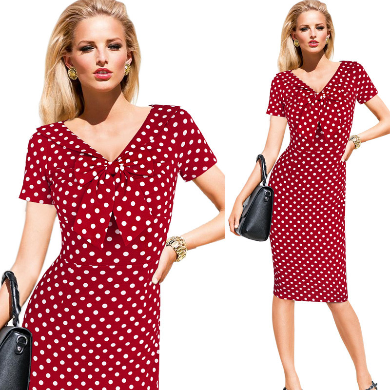 Vfemage-Womens-Vintage-Pinup-Rockabilly-Bow-V-Neck-Polka-Dot-Career-Casual-Work-Party-Sheath-Wiggle--32678485363