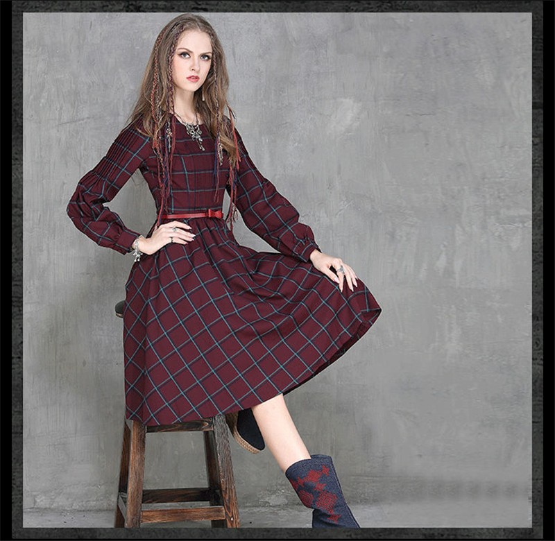 Vintage-50s-Red-Plaid-Dress-for-Women-Hepburn-Autumn-Spring-Plaid-Classic-Long-Sleeve-O-Neck-Preppy--32431490692