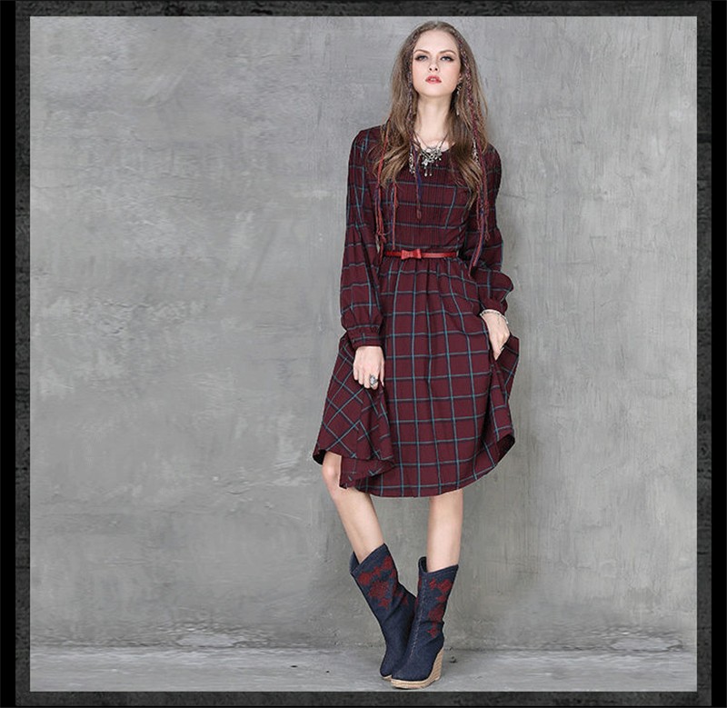 Vintage-50s-Red-Plaid-Dress-for-Women-Hepburn-Autumn-Spring-Plaid-Classic-Long-Sleeve-O-Neck-Preppy--32431490692