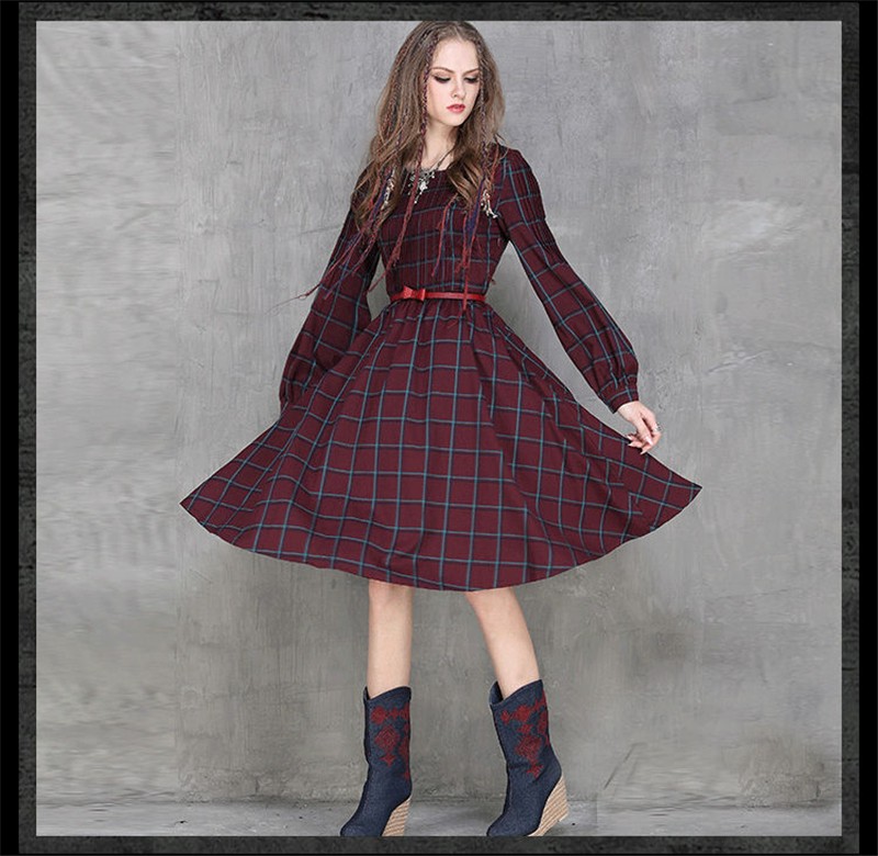 Vintage-50s-Red-Plaid-Dress-for-Women-Hepburn-Autumn-Spring-Plaid-Classic-Long-Sleeve-O-Neck-Preppy--32431490692