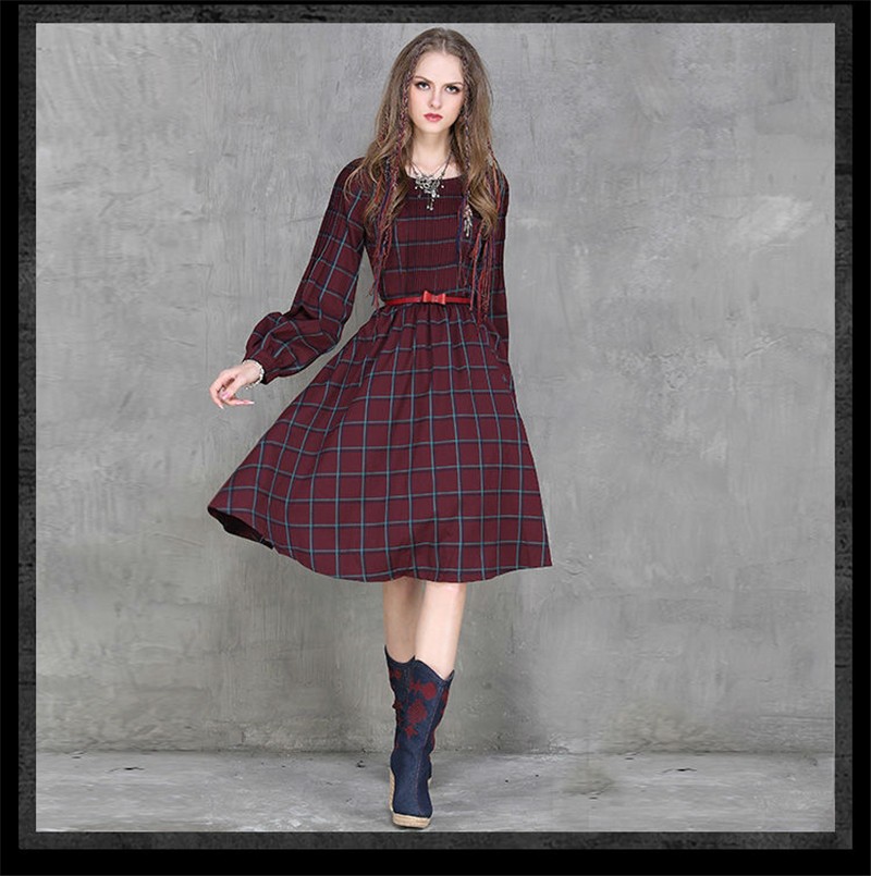 Vintage-50s-Red-Plaid-Dress-for-Women-Hepburn-Autumn-Spring-Plaid-Classic-Long-Sleeve-O-Neck-Preppy--32431490692