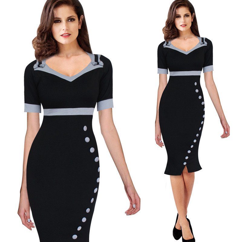 Vintage-Mermaid-Women-Office-Dress-Summer-Casual-Contrast-Patchwork-Sheath-Bodycon-Party-Dress-B220-32417595774