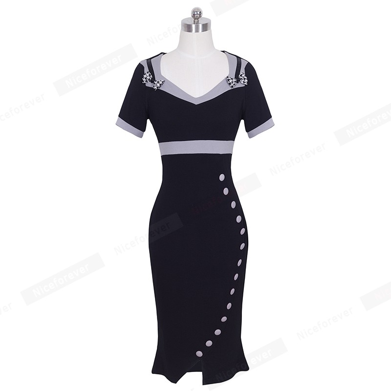 Vintage-Mermaid-Women-Office-Dress-Summer-Casual-Contrast-Patchwork-Sheath-Bodycon-Party-Dress-B220-32417595774