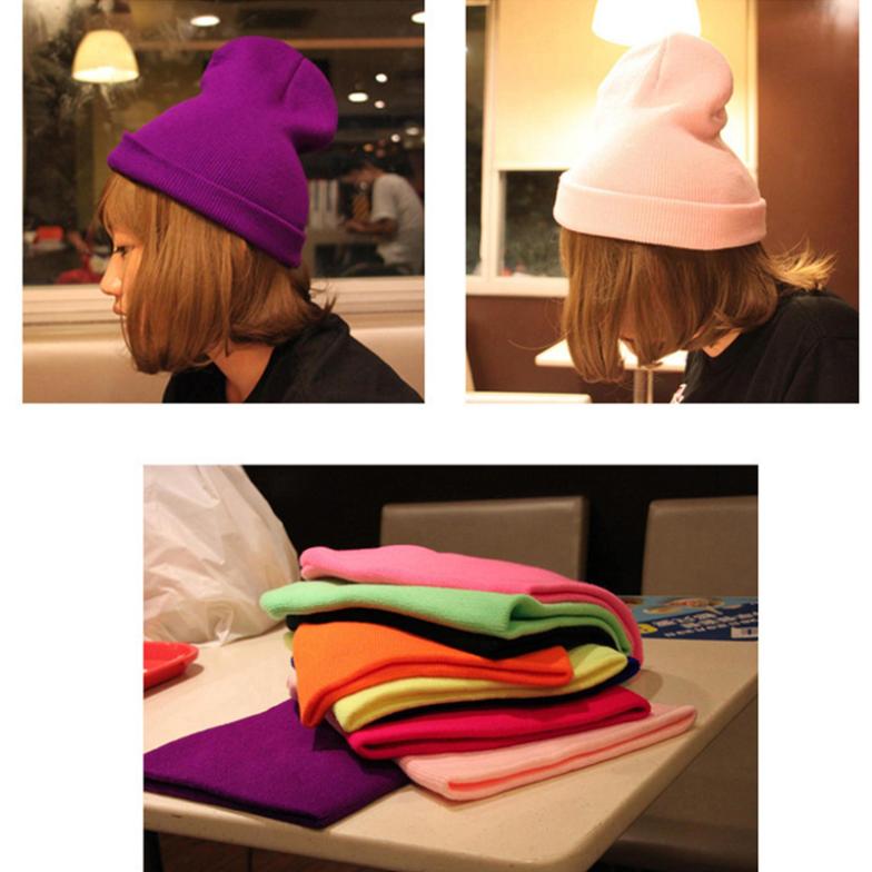 Winter-Warm-Unsex-Knitting-Women-Men-Wool-Fluorescence-Color-Tabby-Solid-Elastic-Beanie-Hedging-Hat--32222790147