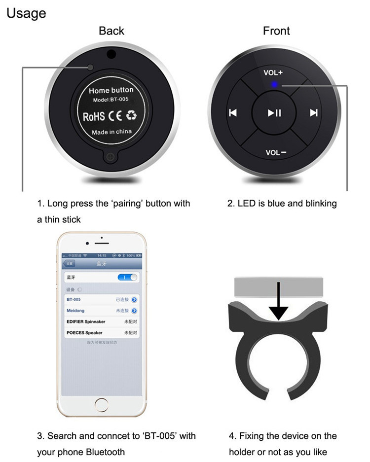 Wireless-Bluetooth-Media-Remote-steering-wheel-remote-mobile-mp3-music-play-for-car-motorcycle-bike--32687922963