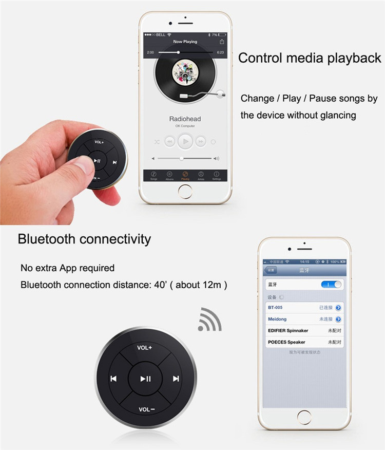 Wireless-Bluetooth-Media-Remote-steering-wheel-remote-mobile-mp3-music-play-for-car-motorcycle-bike--32687922963