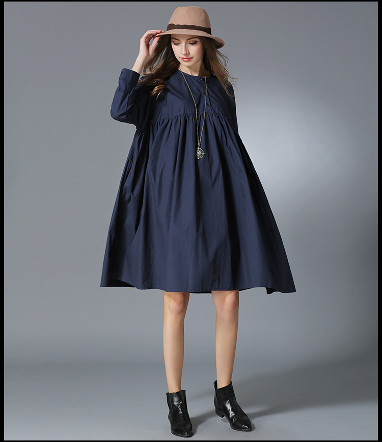 Women-Autumn-Big-Size-Clothing-Blue-Long-Sleeve-Pleated-Swing-Babydoll-Oversize-Shirt-Dress-xl-4xl-32723818193