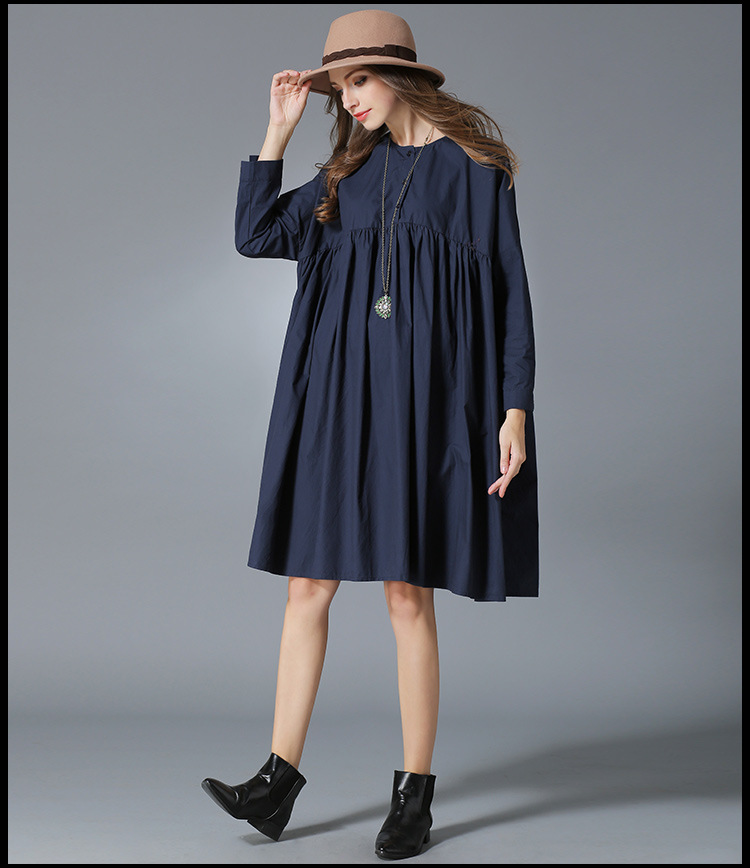 Women-Autumn-Big-Size-Clothing-Blue-Long-Sleeve-Pleated-Swing-Babydoll-Oversize-Shirt-Dress-xl-4xl-32723818193