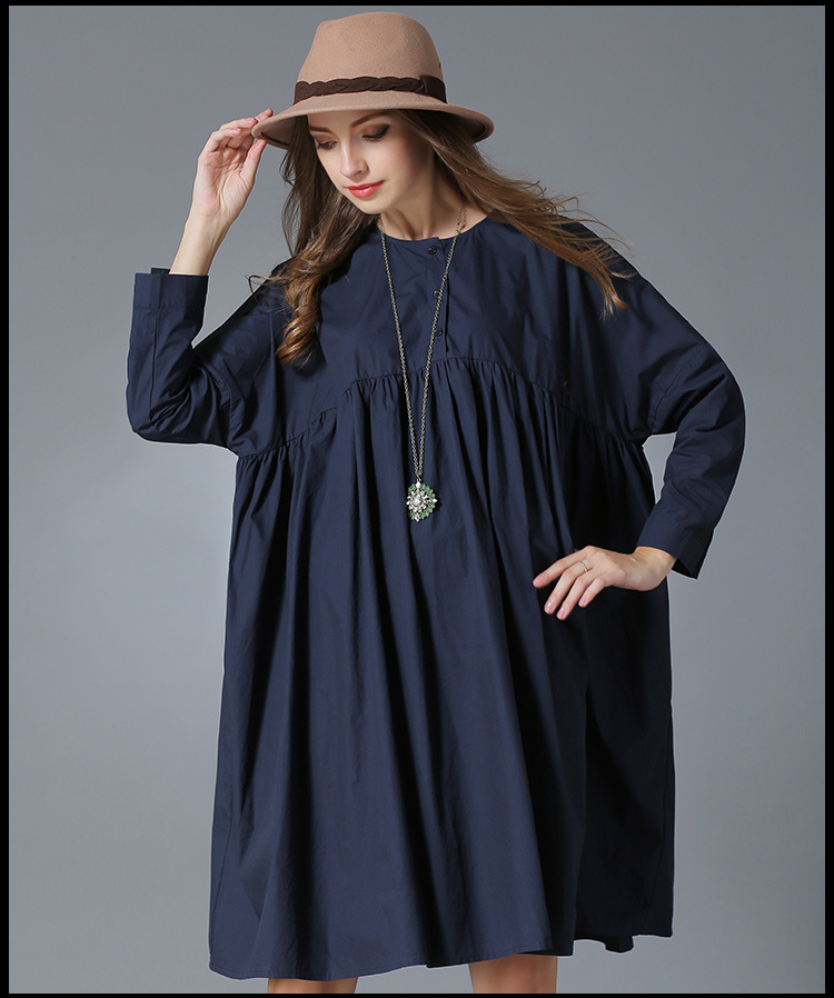 Women-Autumn-Big-Size-Clothing-Blue-Long-Sleeve-Pleated-Swing-Babydoll-Oversize-Shirt-Dress-xl-4xl-32723818193