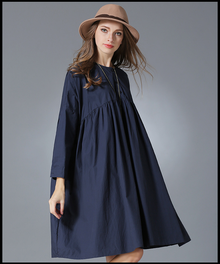 Women-Autumn-Big-Size-Clothing-Blue-Long-Sleeve-Pleated-Swing-Babydoll-Oversize-Shirt-Dress-xl-4xl-32723818193