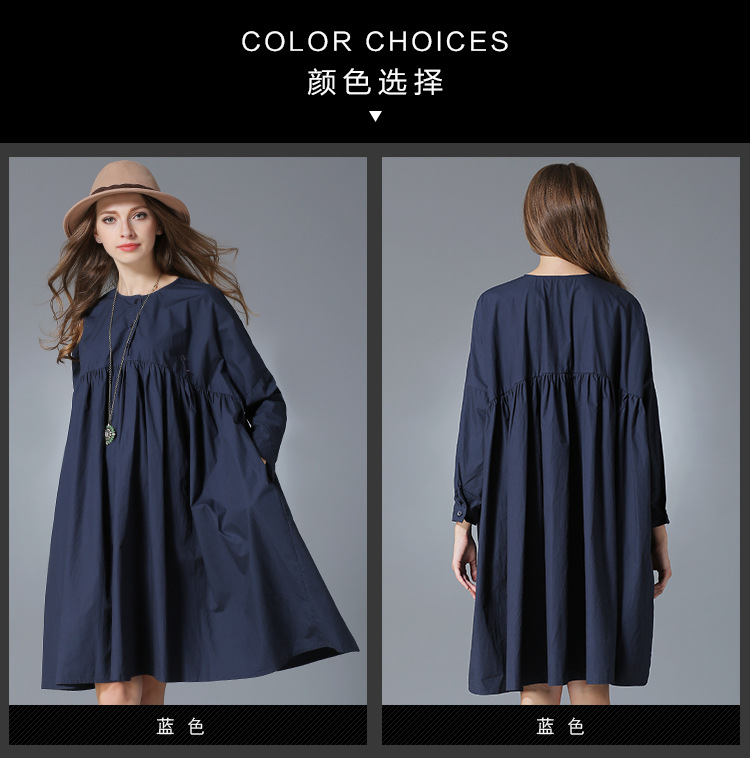 Women-Autumn-Big-Size-Clothing-Blue-Long-Sleeve-Pleated-Swing-Babydoll-Oversize-Shirt-Dress-xl-4xl-32723818193