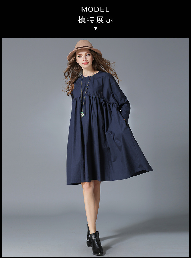 Women-Autumn-Big-Size-Clothing-Blue-Long-Sleeve-Pleated-Swing-Babydoll-Oversize-Shirt-Dress-xl-4xl-32723818193