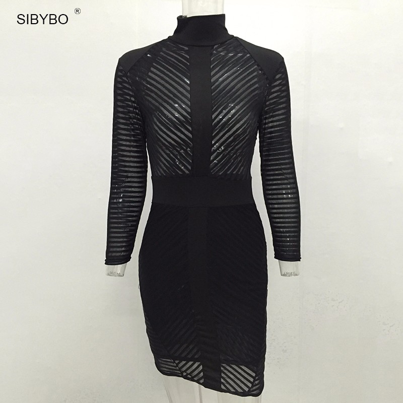 Women-Autumn-Dress-Sexy-Mesh-Striped-Patchwork-Bodycon-Black-Club-Dress-Elegant-Turtleneck-Long-Slee-32749540563