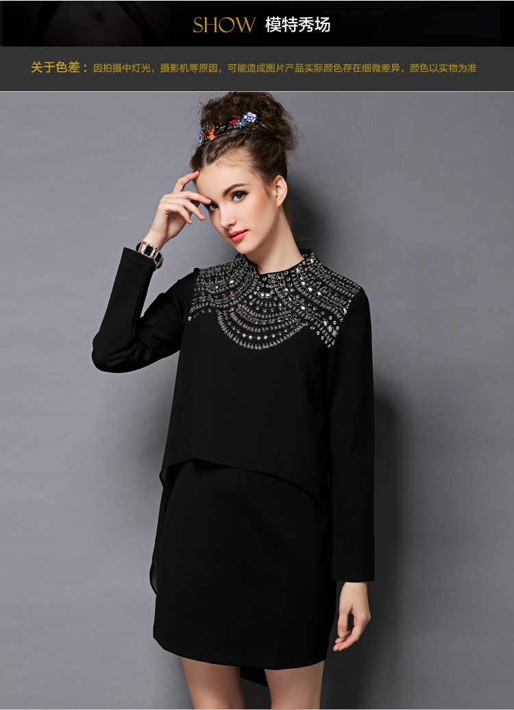 Women-Black-Long-Sleeve-Mock-Neck-Asymmetrical-Embellished-Dress-Size-S-5XL-32577731764