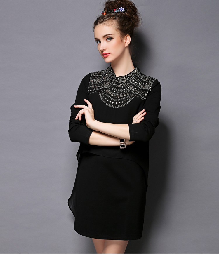 Women-Black-Long-Sleeve-Mock-Neck-Asymmetrical-Embellished-Dress-Size-S-5XL-32577731764