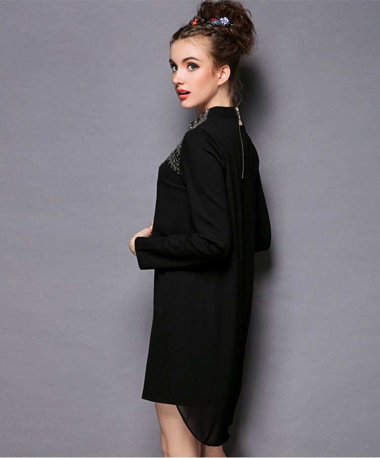 Women-Black-Long-Sleeve-Mock-Neck-Asymmetrical-Embellished-Dress-Size-S-5XL-32577731764