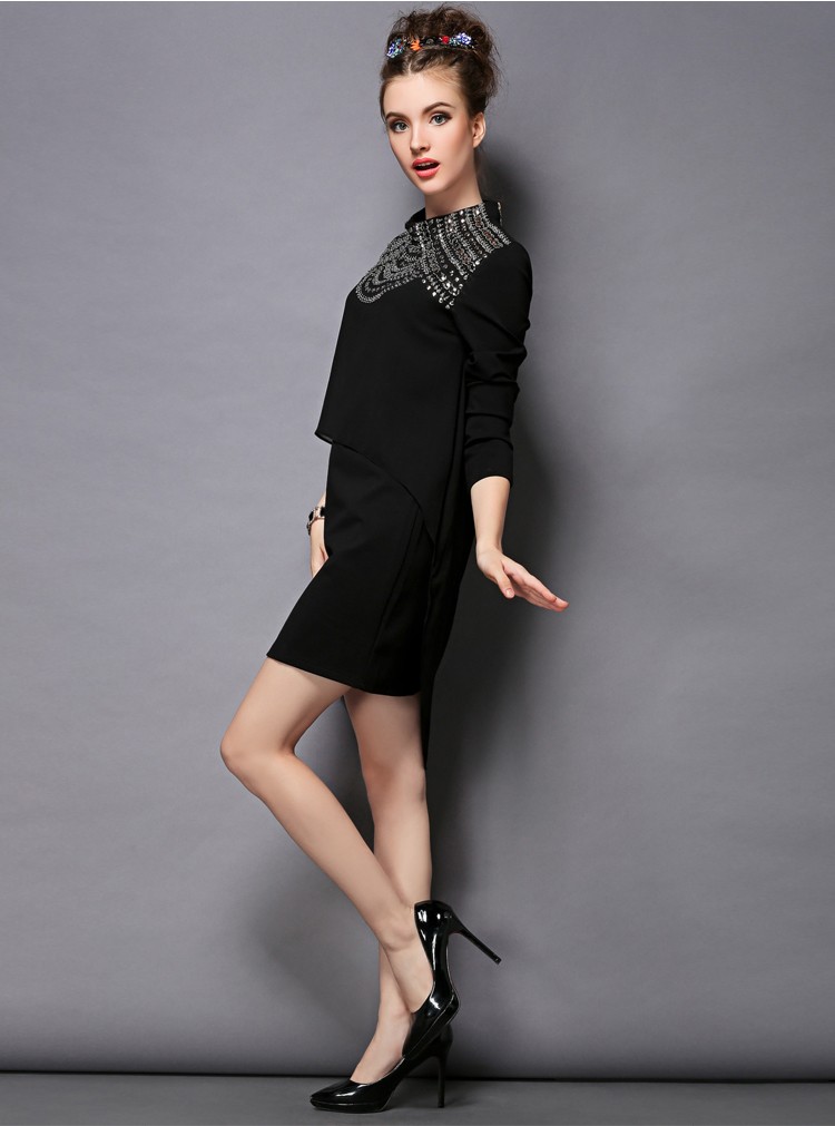 Women-Black-Long-Sleeve-Mock-Neck-Asymmetrical-Embellished-Dress-Size-S-5XL-32577731764