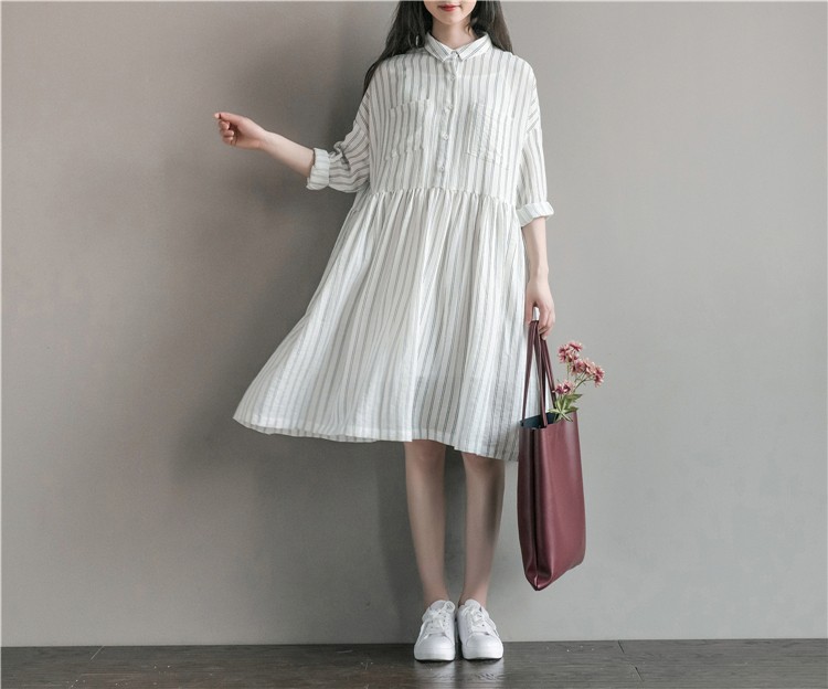 Women-Dress-Long-Sleeve-Dress-White-Stripped-A-Line-Turn-Down-Collar-Mori-Gril-Cotton-Casual-Dress-S-32783559578