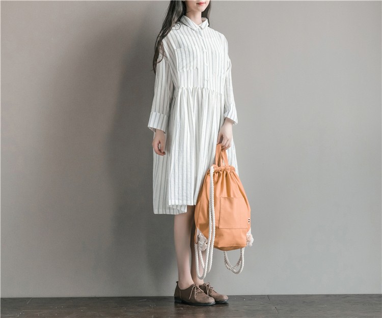 Women-Dress-Long-Sleeve-Dress-White-Stripped-A-Line-Turn-Down-Collar-Mori-Gril-Cotton-Casual-Dress-S-32783559578