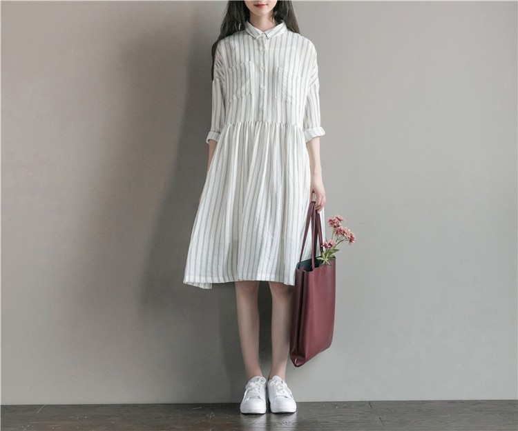 Women-Dress-Long-Sleeve-Dress-White-Stripped-A-Line-Turn-Down-Collar-Mori-Gril-Cotton-Casual-Dress-S-32783559578