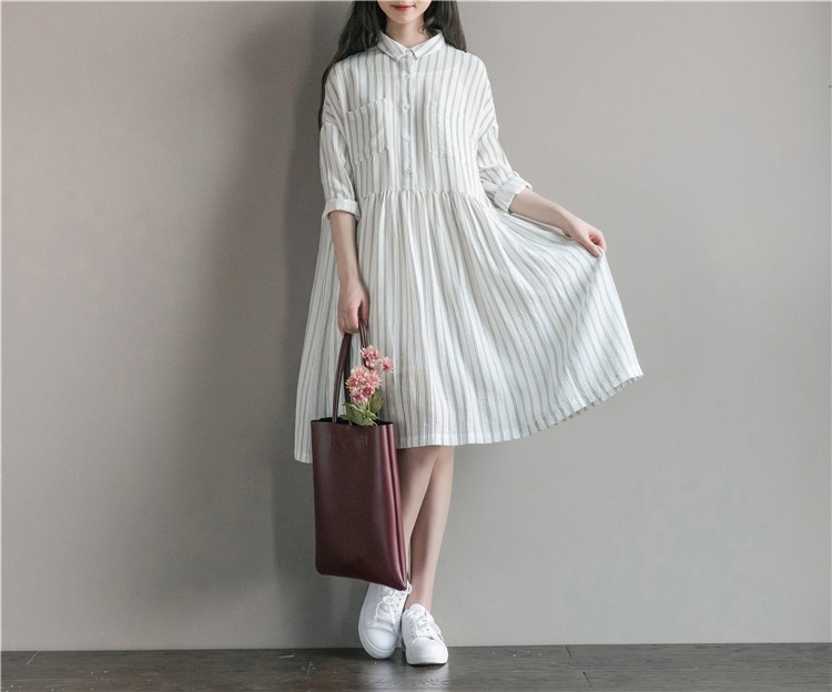 Women-Dress-Long-Sleeve-Dress-White-Stripped-A-Line-Turn-Down-Collar-Mori-Gril-Cotton-Casual-Dress-S-32783559578