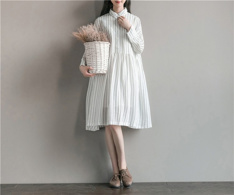Women-Dress-Long-Sleeve-Dress-White-Stripped-A-Line-Turn-Down-Collar-Mori-Gril-Cotton-Casual-Dress-S-32783559578