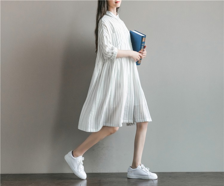 Women-Dress-Long-Sleeve-Dress-White-Stripped-A-Line-Turn-Down-Collar-Mori-Gril-Cotton-Casual-Dress-S-32783559578