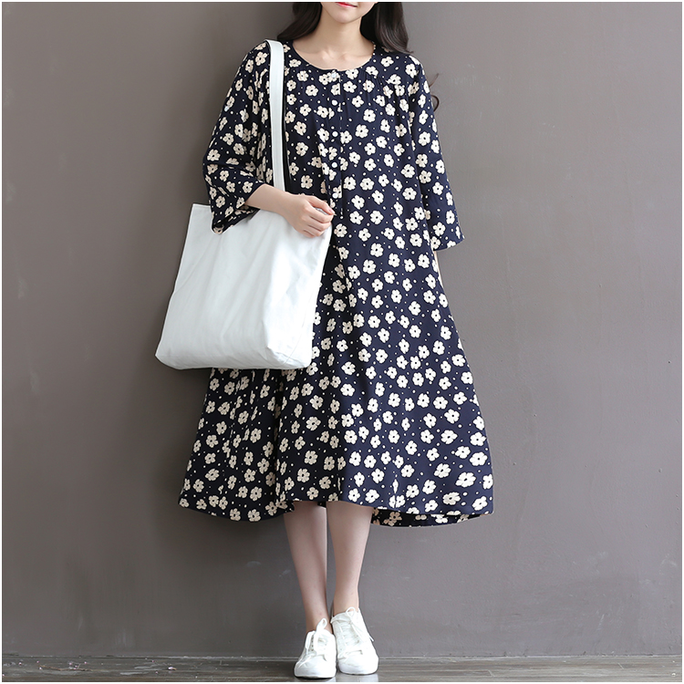 Women-Dress-Loose-Floral-Print-Three-Quarter-Sleeve-Expansion-Bottom-Spring-Dress-Size-S-2XL-32539892373