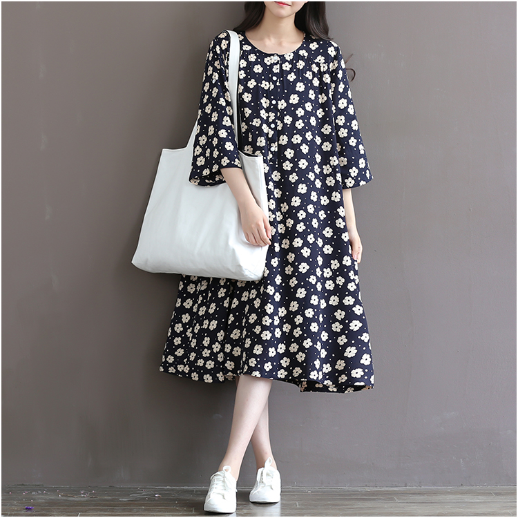 Women-Dress-Loose-Floral-Print-Three-Quarter-Sleeve-Expansion-Bottom-Spring-Dress-Size-S-2XL-32539892373