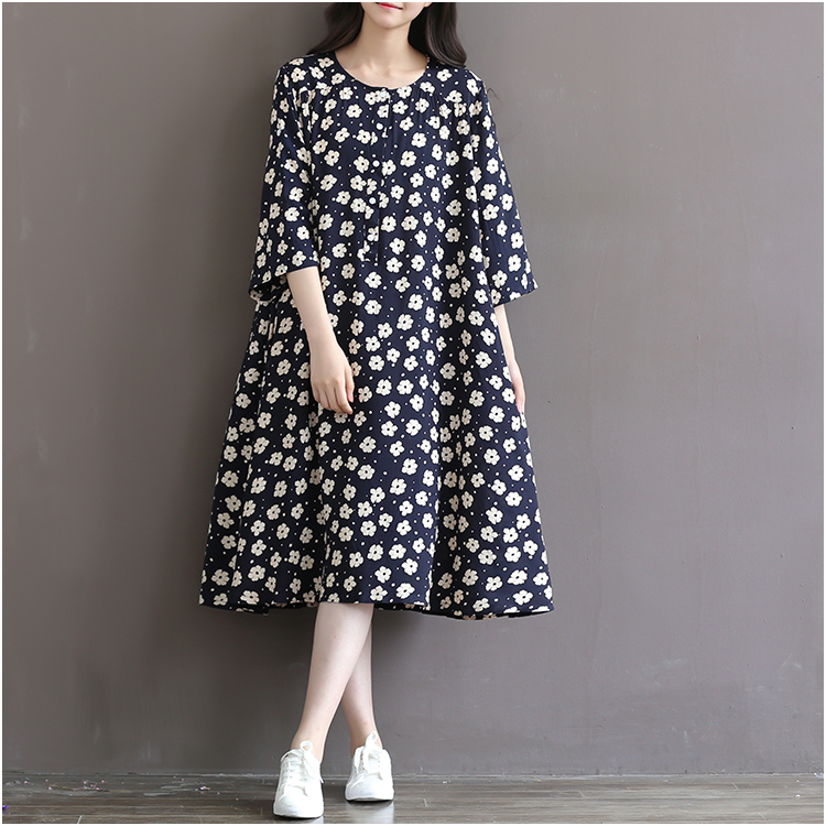 Women-Dress-Loose-Floral-Print-Three-Quarter-Sleeve-Expansion-Bottom-Spring-Dress-Size-S-2XL-32539892373