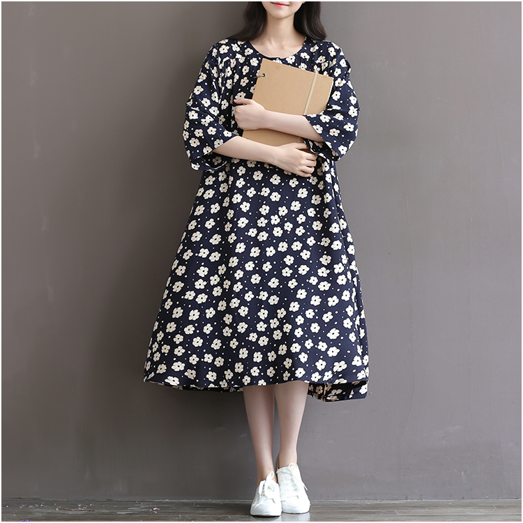 Women-Dress-Loose-Floral-Print-Three-Quarter-Sleeve-Expansion-Bottom-Spring-Dress-Size-S-2XL-32539892373