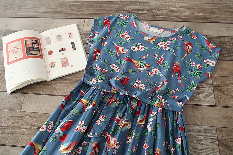 Women-Dress-Mori-Girl-Short-Sleeve-Floral-Print-A-Line-Dress-Blue-Color-High-Waist-O-Neck-Cotton-Lin-32688155783