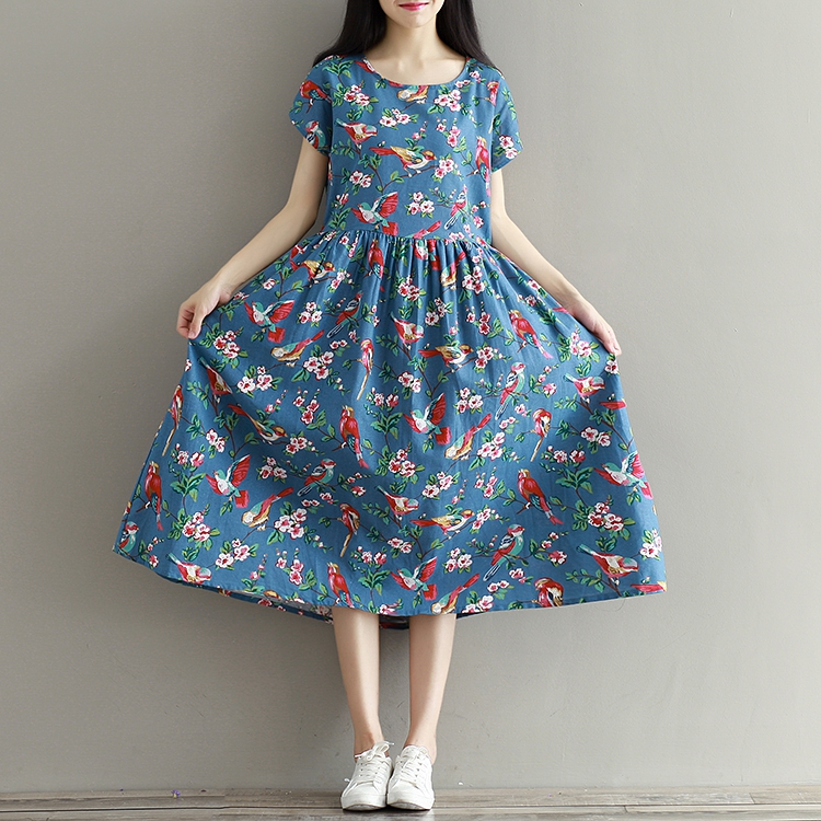 Women-Dress-Mori-Girl-Short-Sleeve-Floral-Print-A-Line-Dress-Blue-Color-High-Waist-O-Neck-Cotton-Lin-32688155783