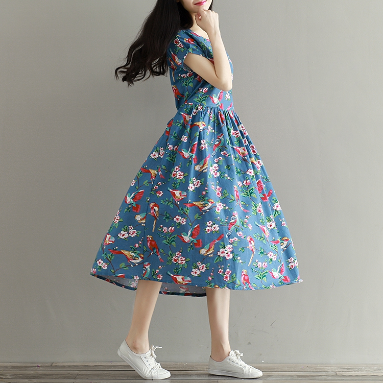 Women-Dress-Mori-Girl-Short-Sleeve-Floral-Print-A-Line-Dress-Blue-Color-High-Waist-O-Neck-Cotton-Lin-32688155783