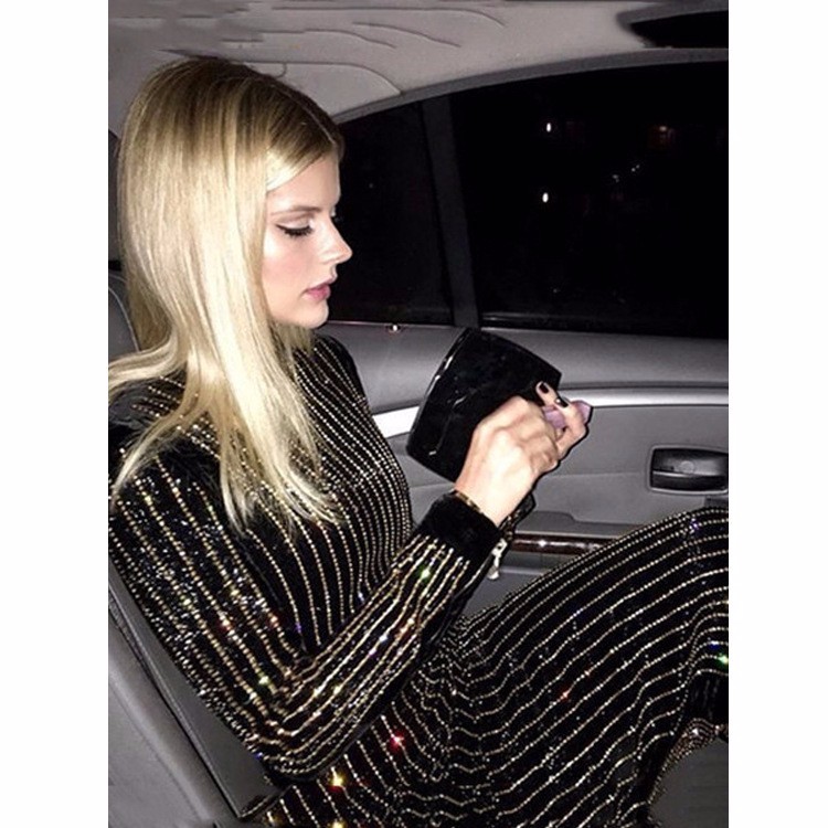 Women-Party-Hot-Drilling-Bling-Long-Sleeve-Dress-Work-Office-Evening-Mid-Calf-Dress-Black-Vent-Vesti-32701443179