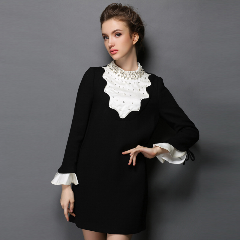 Women-Plus-Size-Black-White-Pieced-Contrast-Wear-To-Work-Dress-With-Pin-Brooch-l-4xl-5xl-32748815587